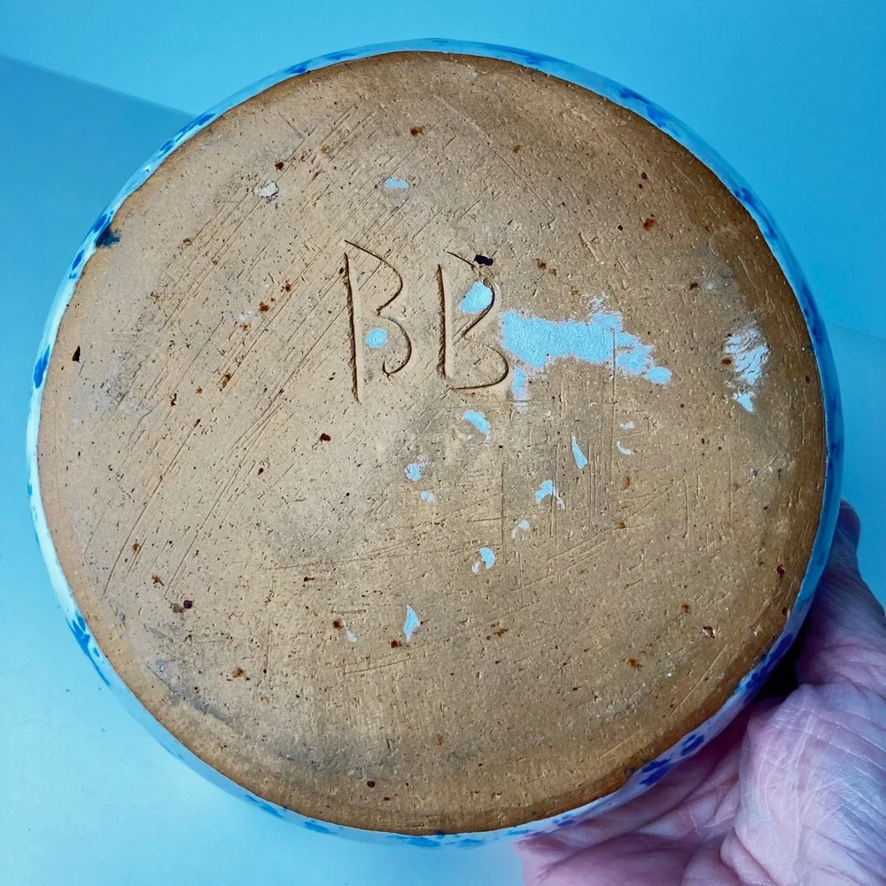 Bybee Pottery Serving Bowl 6.5in White Blue Sponge Glaze Vintage Stoneware